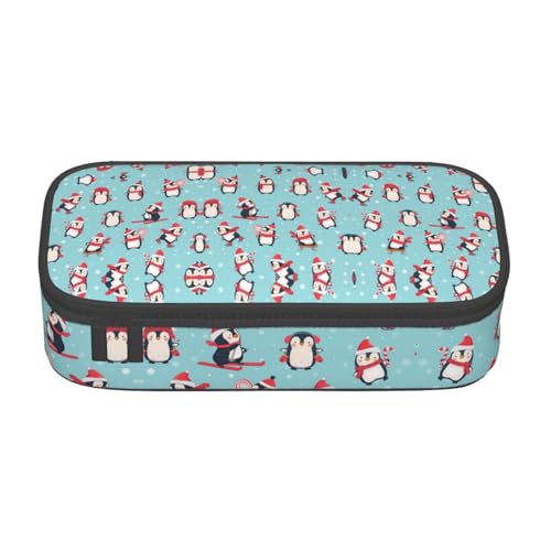 HAHAFU Federmäppchen für den Winter, Weihnachten, Pinguine, langlebig, großes Fassungsvermögen, mit mehreren Fächern, bedruckt, wasserabweisend, Polyester, Schulbedarf-Organizer (quadratisches Design von HAHAFU