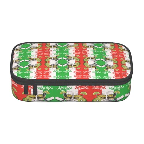 HAHAFU Federmäppchen mit Mexiko-Flagge und Tequila, langlebig, großes Fassungsvermögen, mit mehreren Fächern, bedruckt, wasserabweisendes Polyester, Schulbedarf-Organizer (quadratisches Design von HAHAFU