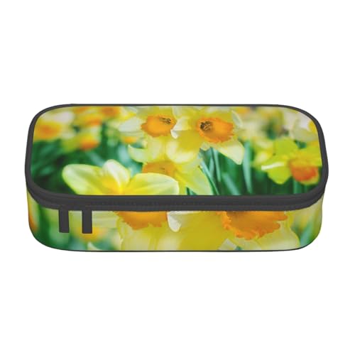 HAHAFU Federmäppchen mit Narzissen-Blume, langlebig, großes Fassungsvermögen, mit mehreren Fächern, bedruckt, wasserabweisend, Polyester, Schulbedarf-Organizer (quadratisches Design), Schwarz von HAHAFU