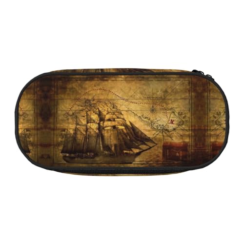 HAHAFU Federmäppchen mit Segelpiraten-Motiv, Doppelreißverschluss, großes Fassungsvermögen, knautschfester Polyester-Organizer mit 4 Stiftfächern und Netztasche für Schule, Büro, Reisen von HAHAFU