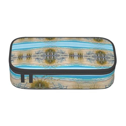 HAHAFU Federmäppchen mit Strandszene mit Stühlen, langlebig, großes Fassungsvermögen, mit mehreren Fächern, bedruckt, wasserabweisend, Polyester, Schulbedarf-Organizer (quadratisches Design), Schwarz von HAHAFU