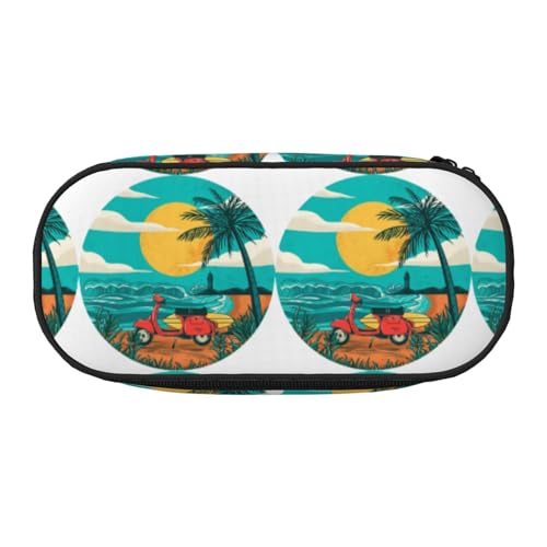 HAHAFU Federmäppchen mit doppeltem Reißverschluss, Motiv: Sonnenuntergang, Strand, Palme, Make-up-Tasche, großes Fassungsvermögen, knautschfestes Polyester, Organizer mit 4 Stiftfächern und Netztasche von HAHAFU