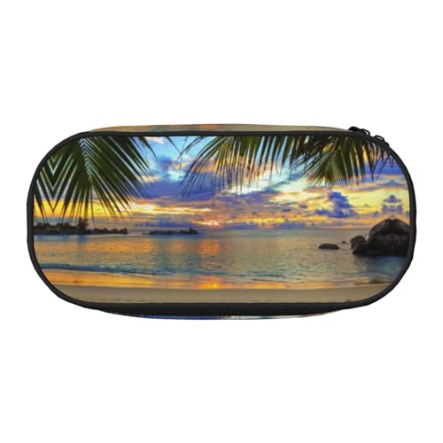 HAHAFU Federmäppchen mit doppeltem Reißverschluss, Motiv: Sonnenuntergang am Strand, großes Fassungsvermögen, knautschfester Polyester-Organizer mit 4 Stiftfächern und Netztasche für Schule, Büro von HAHAFU
