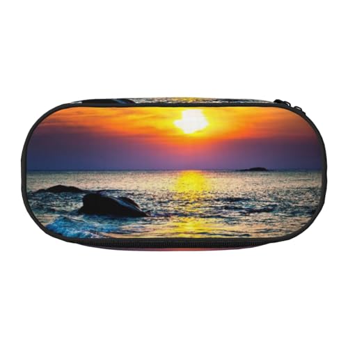 HAHAFU Federmäppchen mit doppeltem Reißverschluss, Motiv: Strand und Sonnenuntergang, großes Fassungsvermögen, knautschfestes Polyester-Organizer mit 4 Stiftfächern und Netztasche für Schule, Büro von HAHAFU