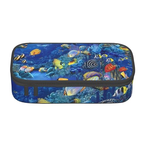 HAHAFU Federmäppchen mit tropischen Fischen, langlebig, großes Fassungsvermögen, mehrere Fächer, bedruckt, wasserabweisend, Polyester, Schulbedarf-Organizer (quadratisches Design), Schwarz von HAHAFU