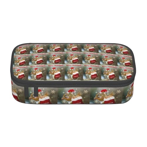 HAHAFU Federmäppchen mit weihnachtlichem Eichhörnchen, langlebig, großes Fassungsvermögen, mit mehreren Fächern, bedruckt, wasserabweisend, Polyester, Schulbedarf-Organizer (quadratisches Design von HAHAFU