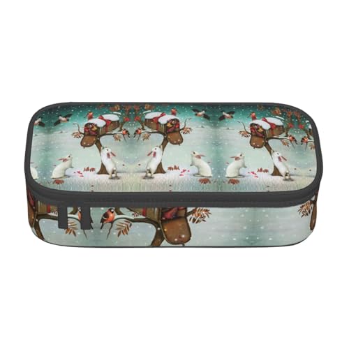 HAHAFU Federmäppchen mit weihnachtlichem Kaninchen, langlebig, großes Fassungsvermögen, mit mehreren Fächern, bedruckt, wasserabweisend, Polyester, Schulbedarf-Organizer (quadratisches Design von HAHAFU