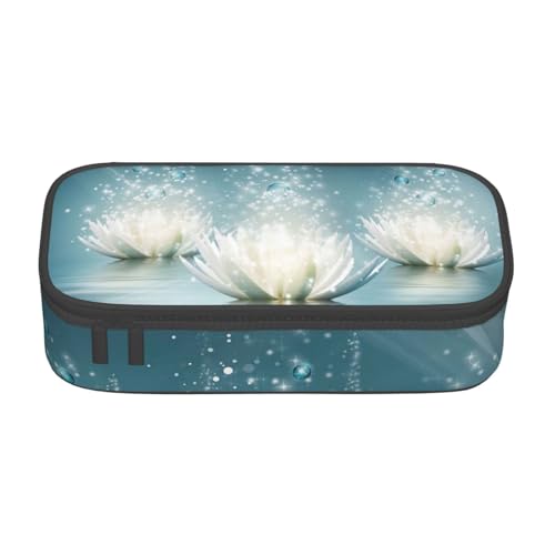 HAHAFU Federmäppchen mit weißen Lotusblumen, langlebig, großes Fassungsvermögen, mit mehreren Fächern, bedruckt, wasserabweisend, Polyester, Schulbedarf-Organizer (quadratisches Design), Schwarz von HAHAFU