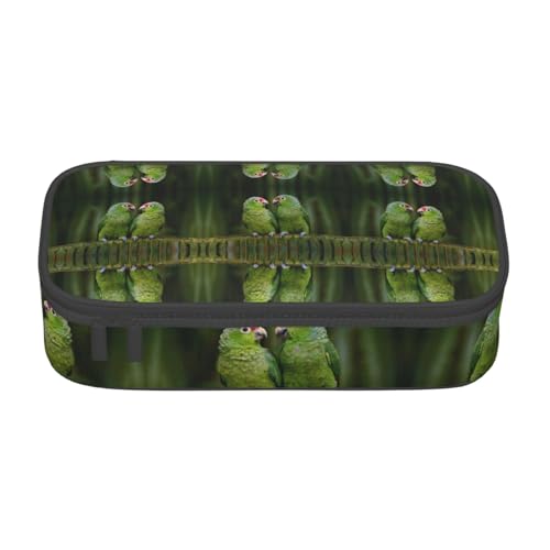 HAHAFU Federmäppchen mit zwei Papageien auf grüner Palme, langlebig, großes Fassungsvermögen, mit mehreren Fächern, bedruckt, wasserabweisend, Polyester, Schulbedarf-Organizer (quadratisches Design von HAHAFU
