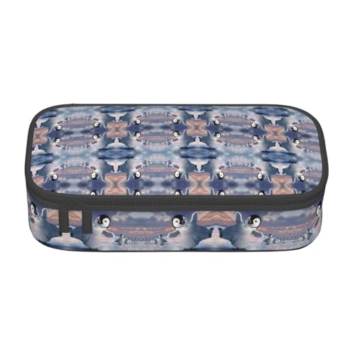 HAHAFU Happy Penguin Federmäppchen mit großem Fassungsvermögen, mehrere Fächer, bedruckt, wasserabweisend, Polyester, Schulbedarf-Organizer (quadratisches Design), Schwarz , Einheitsgröße von HAHAFU