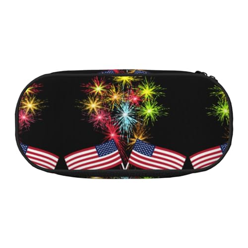 HAHAFU Independence Day Federmäppchen mit Amerika-Flagge, Feuerwerk, Doppelreißverschluss, großes Fassungsvermögen, knautschfestes Polyester, Organizer für Schule, Büro, Reisen von HAHAFU