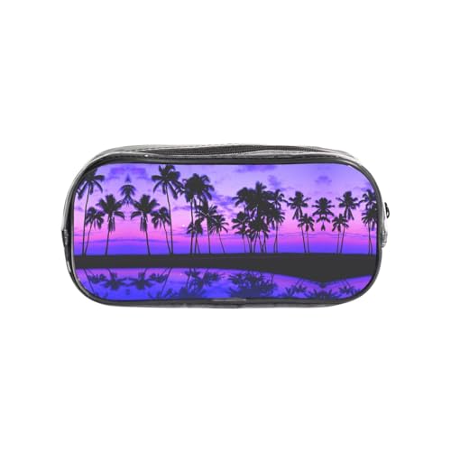 HAHAFU PVC-Federmäppchen, Motiv: Palme, violett, Sonnenuntergang, transparent, Make-up-Tasche für Schule, Büro, Reisen, Fitnessstudio, Zubehör, Organizer (komplett bedruckte Vorderseite) von HAHAFU