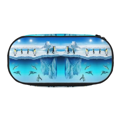 HAHAFU Penguins Federmäppchen mit doppeltem Reißverschluss, großes Fassungsvermögen, knautschfester Polyester-Organizer mit 4 Stiftfächern und Netztasche für Schule, Büro, Reisen (Volldruckdesign) von HAHAFU