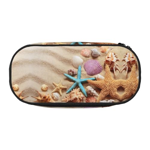 HAHAFU Shells On The Beach Federmäppchen mit doppeltem Reißverschluss, großes Fassungsvermögen, knautschfester Polyester-Organizer mit 4 Stiftfächern und Netztasche für Schule, Büro, Reisen von HAHAFU