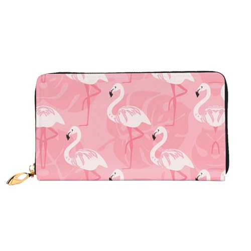 HAHAFU Summer Flamingo Palmblätter, Leder, Damengeldbörse, bedruckt, multifunktional, großes Fassungsvermögen, Reißverschluss, Kartenetuis, Schwarz , Einheitsgröße von HAHAFU