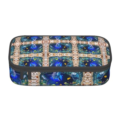 HAHAFU Underwater World Federmäppchen mit mehreren Fächern, strapazierfähig, großes Fassungsvermögen, bedruckt, wasserabweisend, Polyester, Schulbedarf-Organizer (quadratisches Design), Blau, Schwarz von HAHAFU