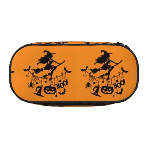Halloween Hexe fliegende Doppelreißverschluss-Federmäppchen, Make-up-Tasche, großes Fassungsvermögen, knautschfester Polyester-Organizer mit 4 Stiftfächern und Netztasche für Schule, Büro, Reisen von HAHAFU