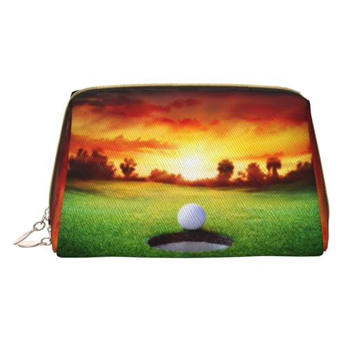 Kosmetiktasche für Sport, Golfball, Sonnenuntergang, Baum, personalisierbar, bedrucktes Leder, wasserdicht, Reise-Make-up-Organizer, weiß, Einheitsgröße von HAHAFU