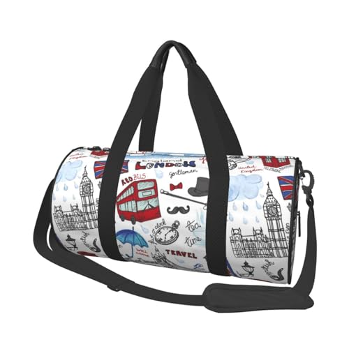 London Reisetasche, Organizer, Sporttasche, Turnbeutel, großer Druck, Polyester, Schultertasche für Damen und Herren, Schwarz , Einheitsgröße von HAHAFU