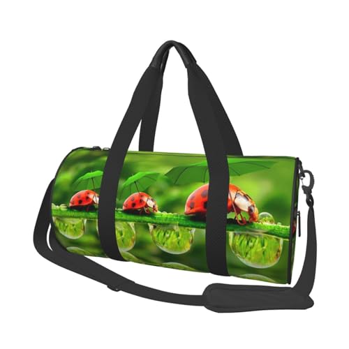 Lustiger Marienkäfer mit Regenschirmen, Reisetasche, Organizer, Sporttasche, Turnbeutel, großer Druck, Polyester, Schultertasche für Damen und Herren, Schwarz , Einheitsgröße von HAHAFU