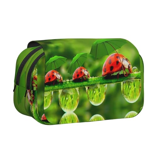 Lustiges Marienkäfer-Federmäppchen mit Regenschirmen, doppelschichtiges Klappetui, großes Fassungsvermögen (für 50 Stifte/Bleistifte), Volldruck, strapazierfähiges Polyester, Schul- und Bürobedarf von HAHAFU