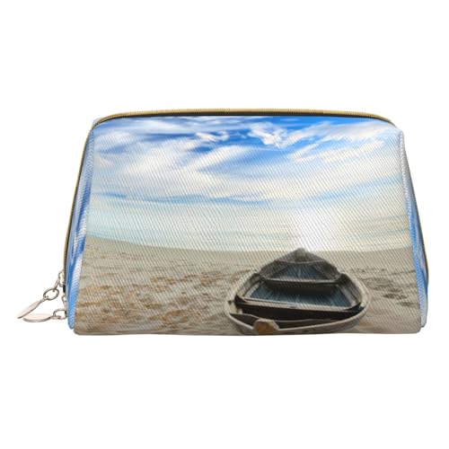 Make-up-Tasche für Boot, Strand, Sonnenaufgang, Reise-Kosmetiktasche, bedrucktes Leder, wasserdicht, Reise-Make-up-Organizer, weiß, Einheitsgröße von HAHAFU