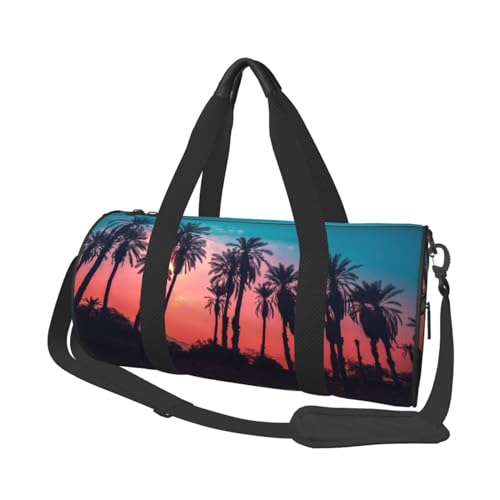 Palmen-Sonnenuntergangs-Reisetasche, Organizer, Sporttasche, Turnbeutel, großer Druck, Polyester, Schultertasche für Damen und Herren, Schwarz , Einheitsgröße von HAHAFU