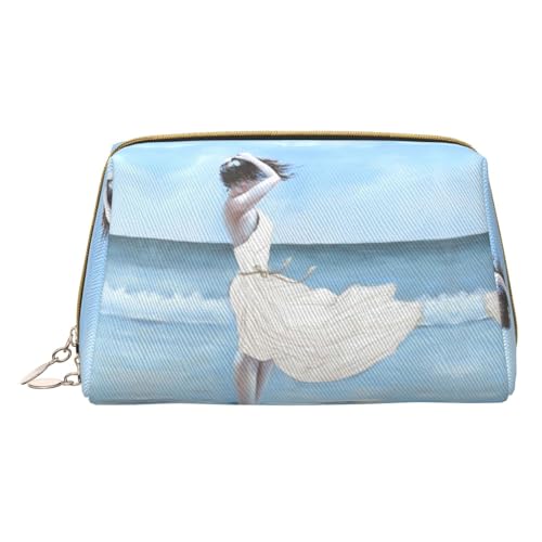 Personalisierbare Make-up-Tasche mit Mädchen am windigen Strand, Reise-Kosmetiktasche, bedrucktes Leder, wasserdicht, Reise-Make-up-Organizer, weiß, Einheitsgröße von HAHAFU