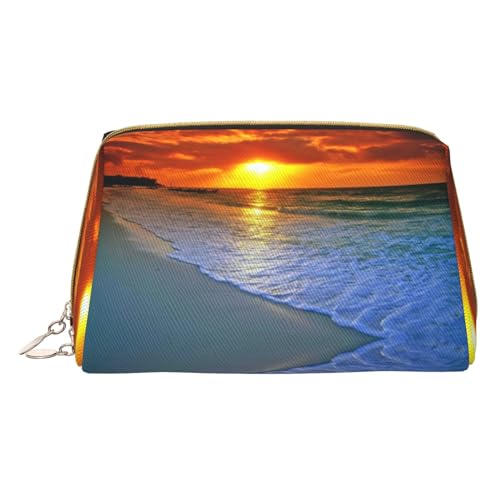 Personalisierbare Make-up-Tasche mit Strand mit Sonnenuntergang, Reise-Kosmetiktasche, bedrucktes Leder, wasserdicht, Reise-Make-up-Organizer, weiß, Einheitsgröße von HAHAFU