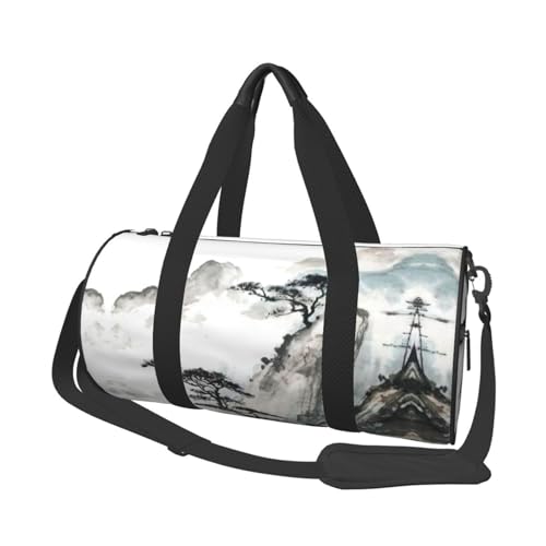 Reisetasche mit Berg- und Kiefernbaum-Motiv, Sporttasche, Turnbeutel, großer Druck, Polyester, Schultertasche für Damen und Herren, Schwarz , Einheitsgröße von HAHAFU