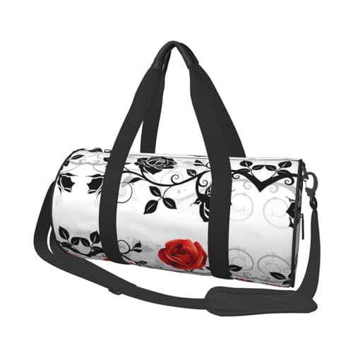 Reisetasche mit Blumenmuster und Blättern, für Damen, Herren, Sporttasche, großer Druck, Polyester, Schultertasche für Damen und Herren, Schwarz , Einheitsgröße von HAHAFU