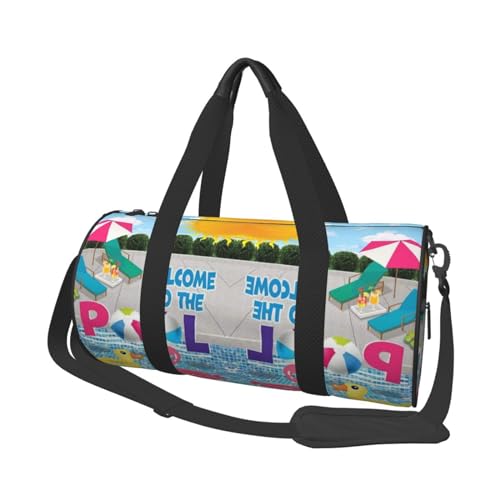 Reisetasche mit Flamingo- und Schwimmbad-Motiv, Sporttasche, großer Druck, Polyester-Schultertasche für Damen und Herren, Schwarz , Einheitsgröße von HAHAFU