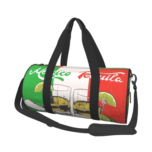 Reisetasche mit Mexiko-Flagge und Tequila, Sporttasche, großer Druck, Polyester, Schultertasche für Damen und Herren, Schwarz , Einheitsgröße von HAHAFU