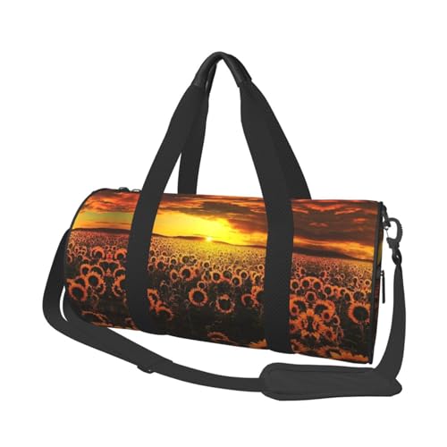 Reisetasche mit Sonnenblumenfeld, Sonnenuntergang, Blumenmeer, Organizer, Sporttasche, Turnbeutel, großer Druck, Polyester, Schultertasche für Damen und Herren, Schwarz , Einheitsgröße von HAHAFU