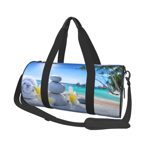 Reisetasche mit tropischen Blumen und Zen-Stein, Sporttasche, Turnbeutel, großer Druck, Polyester, Schultertasche für Damen und Herren, Schwarz , Einheitsgröße von HAHAFU