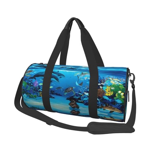 Sea Blue Marine Life Reisetasche, Organizer, Sporttasche, Turnbeutel, großer Druck, Polyester, Schultertasche für Damen und Herren, Schwarz , Einheitsgröße von HAHAFU