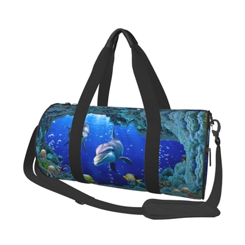 Underwater World Reisetasche mit Delphi-Motiv, Sporttasche, großer Druck, Polyester, Schultertasche für Damen und Herren, Schwarz , Einheitsgröße von HAHAFU