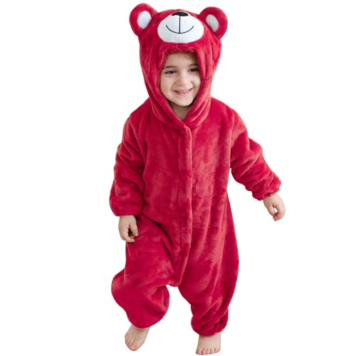 HAHASHOW Baby Overall Winter,Flanell Strampler Neugeborene,Warmer Schlafanzug Kinder,SüßEs Tierdesign Baby Kleidung MäDchen，0-6 Monate，Roter Bär von HAHASHOW