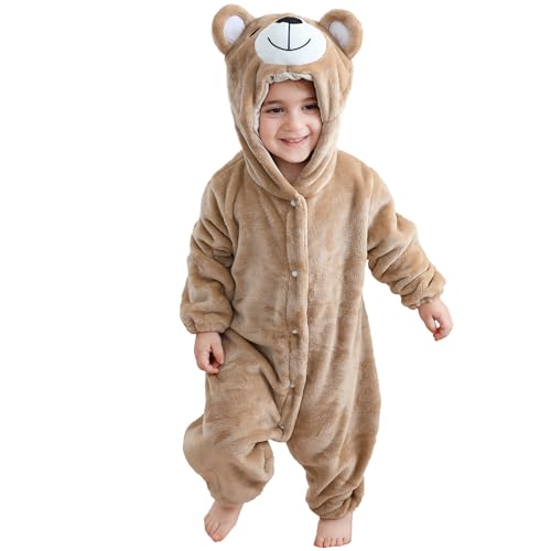 HAHASHOW Baby Overall Winter,Flanell Strampler Neugeborene,Warmer Schlafanzug Kinder,SüßEs Tierdesign Baby Kleidung MäDchen，24-30 Monate，Khaki Bär von HAHASHOW