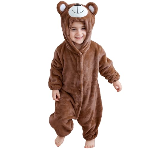 HAHASHOW Baby Overall Winter,Flanell Strampler Neugeborene,Warmer Schlafanzug Kinder,SüßEs Tierdesign Baby Kleidung MäDchen，30-36 Monate，Brauner Bär von HAHASHOW
