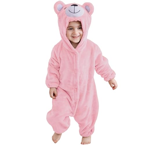 HAHASHOW Baby Overall Winter,Flanell Strampler Neugeborene,Warmer Schlafanzug Kinder,SüßEs Tierdesign Baby Kleidung MäDchen，6-12 Monate，Rosa Bär von HAHASHOW