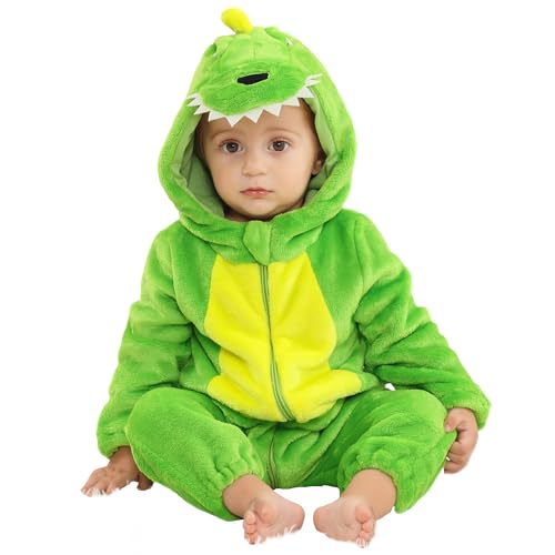 HAHASHOW Strampler Neugeborene,Baby Overall Winter,Flanell Baby Schlafanzug mit Kapuze,Tier Jumpsuit für Kinder,12-18 Monate,Grüner Dinosaurier von HAHASHOW