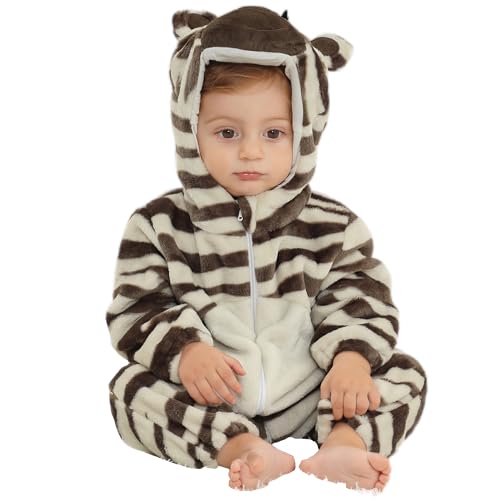 HAHASHOW Strampler Neugeborene,Baby Overall Winter,Flanell Baby Schlafanzug mit Kapuze,Tier Jumpsuit für Kinder,2-6 Monate,Zebra von HAHASHOW