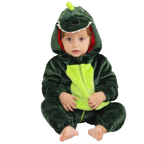 HAHASHOW Strampler Neugeborene,Baby Overall Winter,Flanell Baby Schlafanzug mit Kapuze,Tier Jumpsuit für Kinder,12-18 Monate,Dunkelgrüner Dinosaurier von HAHASHOW