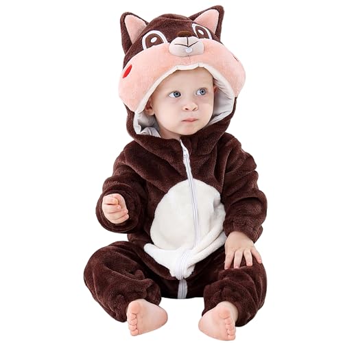 HAHASHOW Baby Winter Schneeanzug Kleinkind Strampler Baby Flanell Tier Jumpsuit, Overalls Onesies für Junge und Mädchen, 6-12 Monate, Eichhörnchen von HAHASHOW