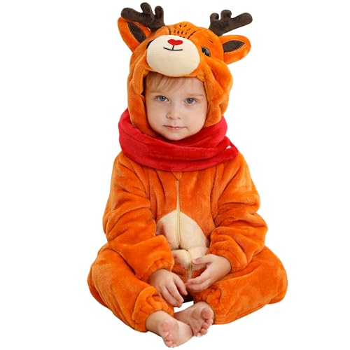 HAHASHOW Baby Winter Spielanzug, Kleinkind Flanell Schlafanzug Strampler Pyjama kostüm Bekleidung Karikatur Tier Jumpsuit für mädchen und Junge, 0-6 Monate，Elch von HAHASHOW