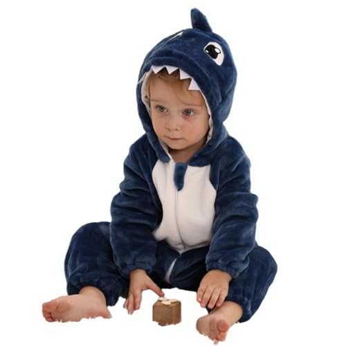 HAHASHOW Baby Winter Spielanzug, Kleinkind Flanell Schlafanzug Strampler Pyjama kostüm Bekleidung Karikatur Tier Jumpsuit für mädchen und Junge, 12-18 Monate，Hai von HAHASHOW