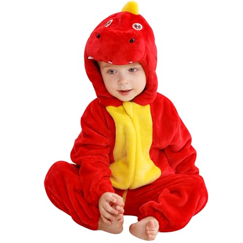 HAHASHOW Baby Winter Spielanzug, Kleinkind Flanell Schlafanzug Strampler Pyjama kostüm Bekleidung Karikatur Tier Jumpsuit für mädchen und Junge, 24-30 Monate，Rot von HAHASHOW