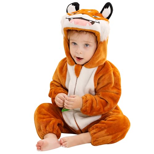HAHASHOW Baby Winter Spielanzug, Kleinkind Flanell Schlafanzug Strampler Pyjama kostüm Bekleidung Karikatur Tier Jumpsuit für mädchen und Junge, 24-30 Monate，Tiger von HAHASHOW