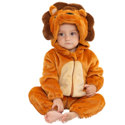 HAHASHOW Baby Winter Spielanzug Baby Schlafanzug Flanell Strampler Pyjama kostüm Bekleidung Karikatur Overalls Onesies für mädchen und Junge，6-12 Monate，Löwe von HAHASHOW